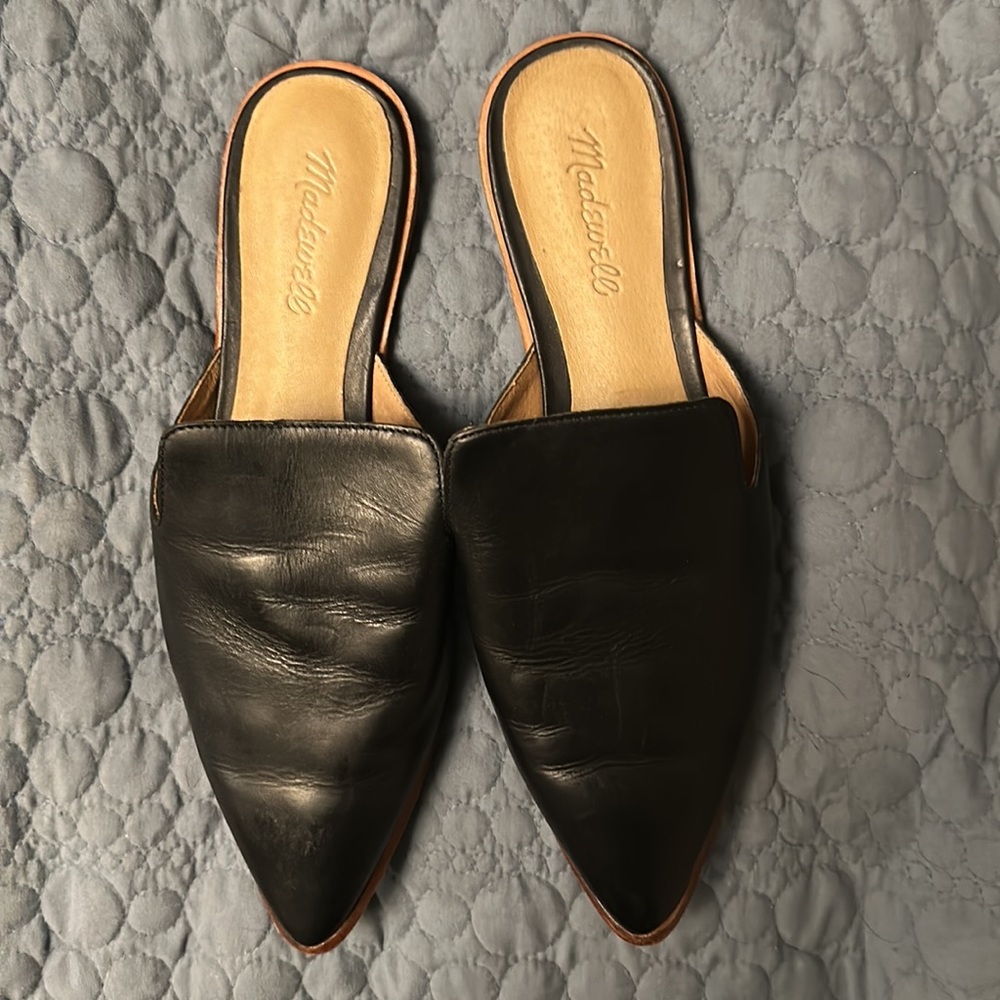 MADEWELL Frances Black Leather Slip On Pointed Toe Backless Mules Loafers SZ 9.5